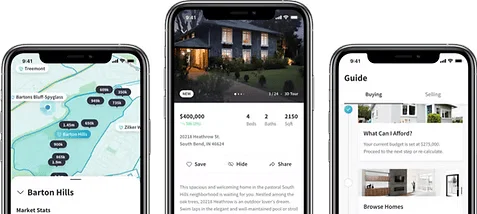 Three mobile phone screens displaying a real estate app interface, featuring a map search with prices, a property listing detail page, and a home buying guide.