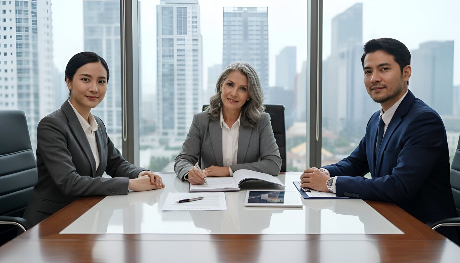 Three real estate brokers in the Central Valley sitting at a table with tall buildings behind them.
