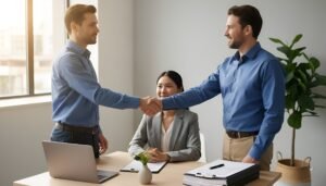 A real estate agent in the Central Valley shaking hands with a client after closing a deal.