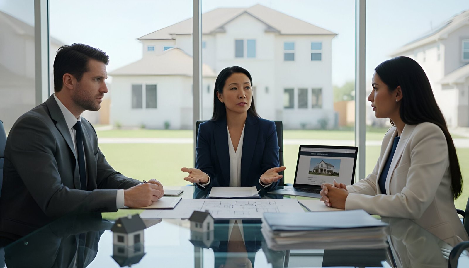 A real estate agent in the Central Valley talking to home sellers about homes and market data in an office.