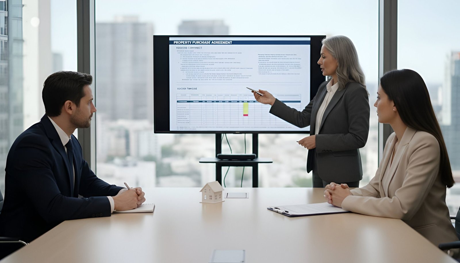 A senior real estate agent in the Central Valley showing a property agreement and timeline on a screen to home sellers in an office.