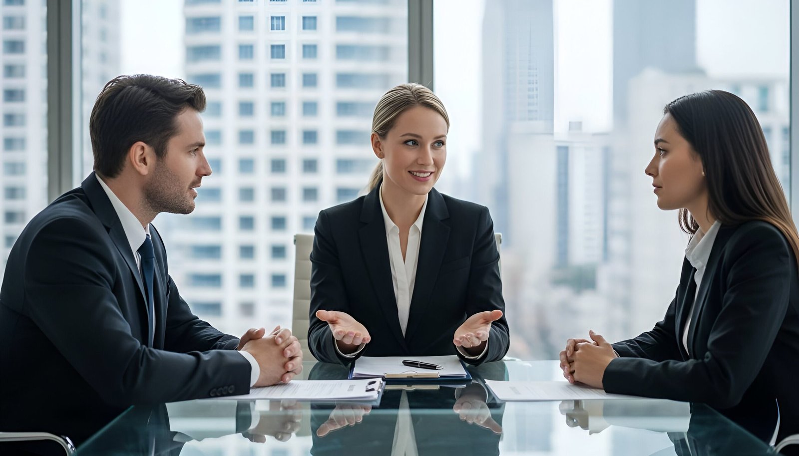 A real estate broker in Central Valley helping a buyer and seller sign a contract in an office.