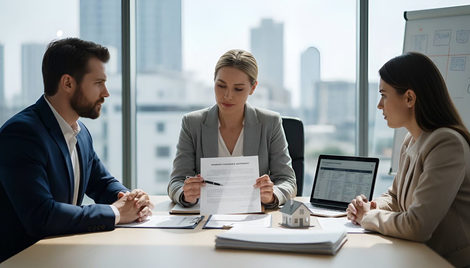 A Central Valley real estate broker helping a buyer and seller sign a contract in a high-rise office.