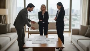 A Central Valley real estate team looking at floor plans and blueprints in a living area in California