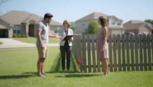 A property mediator in the Central Valley standing between two neighbors at a fence, reviewing land survey documents.