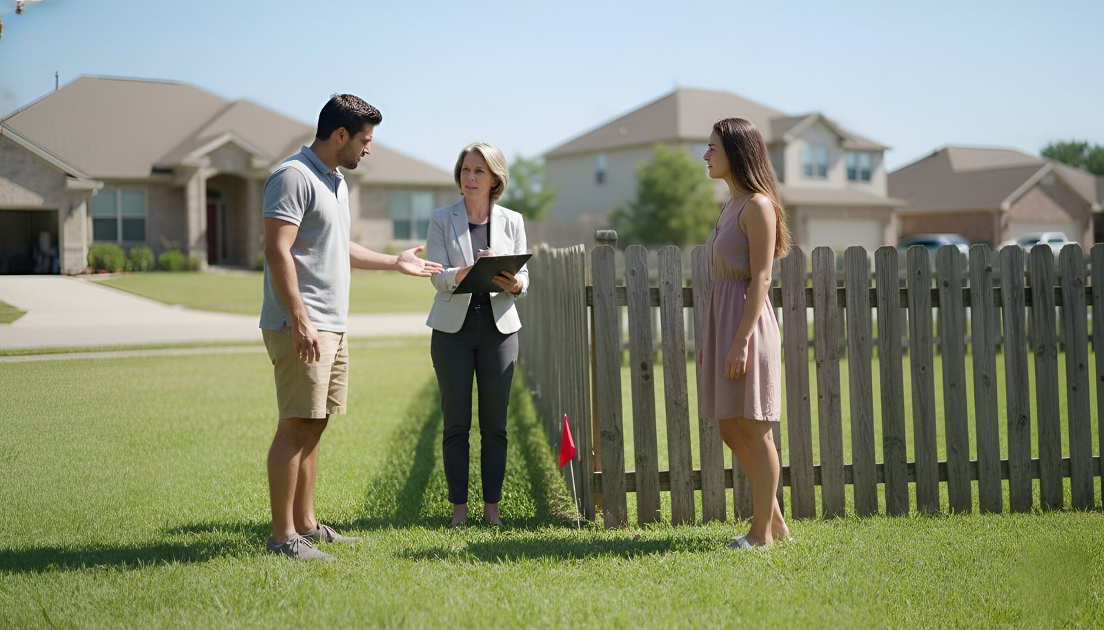 A property mediator in the Central Valley standing between two neighbors at a fence, reviewing land survey documents.